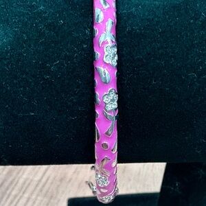 Vibrant Pink Bangle with Silver Floral Design